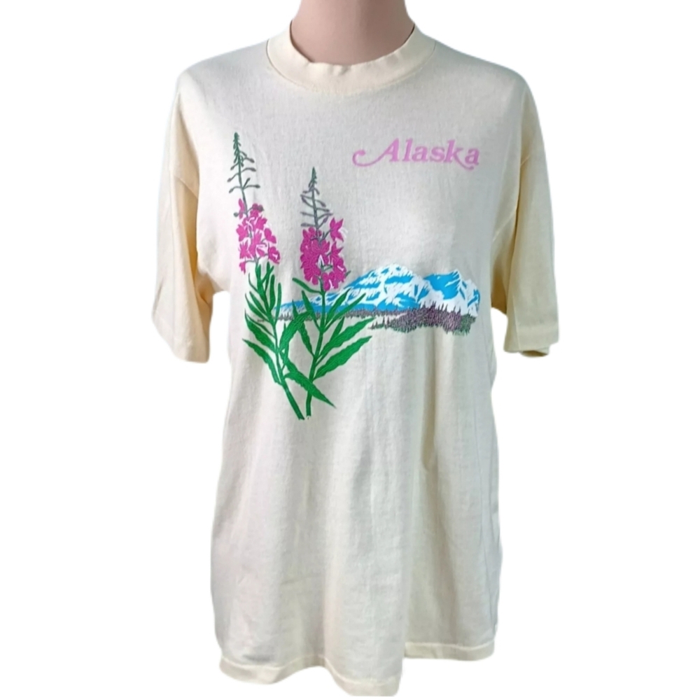 Vintage 90s HeF-T Shirt Womens L Cream Alaska Travel‎ Vacation VSCO Tourist